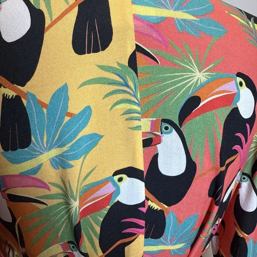 Farm Rio for Anthropologie Rainforest Toucan Wrap Blouse Size XS Beaded Tassel